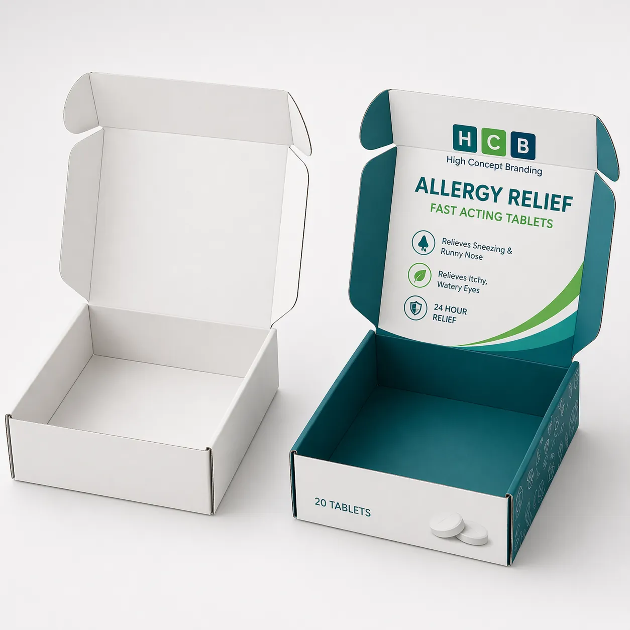 An open and closed blue floral branded box designed for professional allergy tablet product packaging. class=